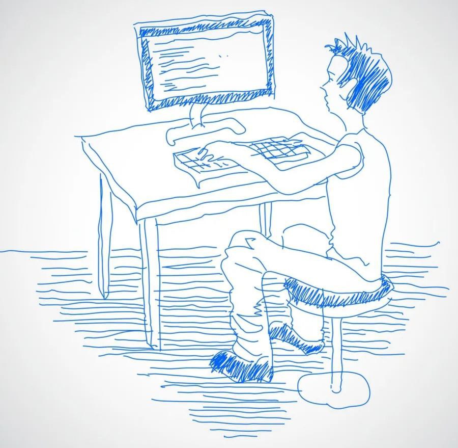 Нарисованный человек сидит за компьютером
