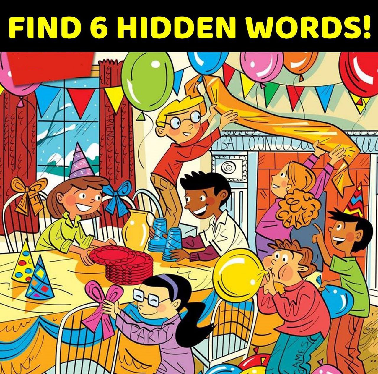 The picture do you see. Find hidden Words. Find the Words in the picture. Find 6 Words. Find 6 hidden Words.