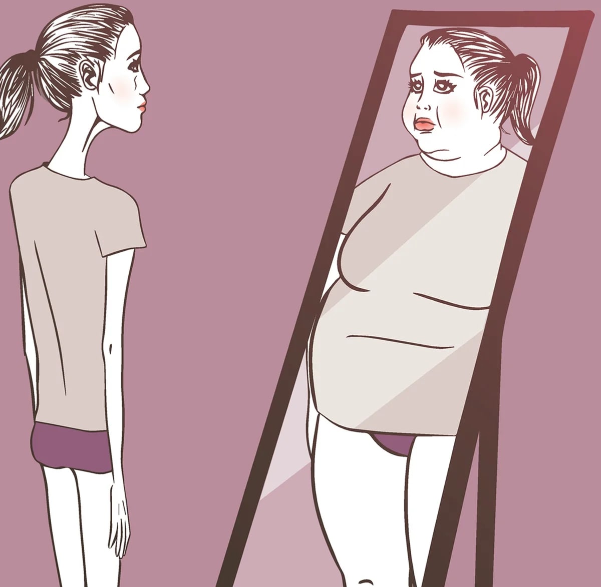 Худая видит себя в зеркале толстой